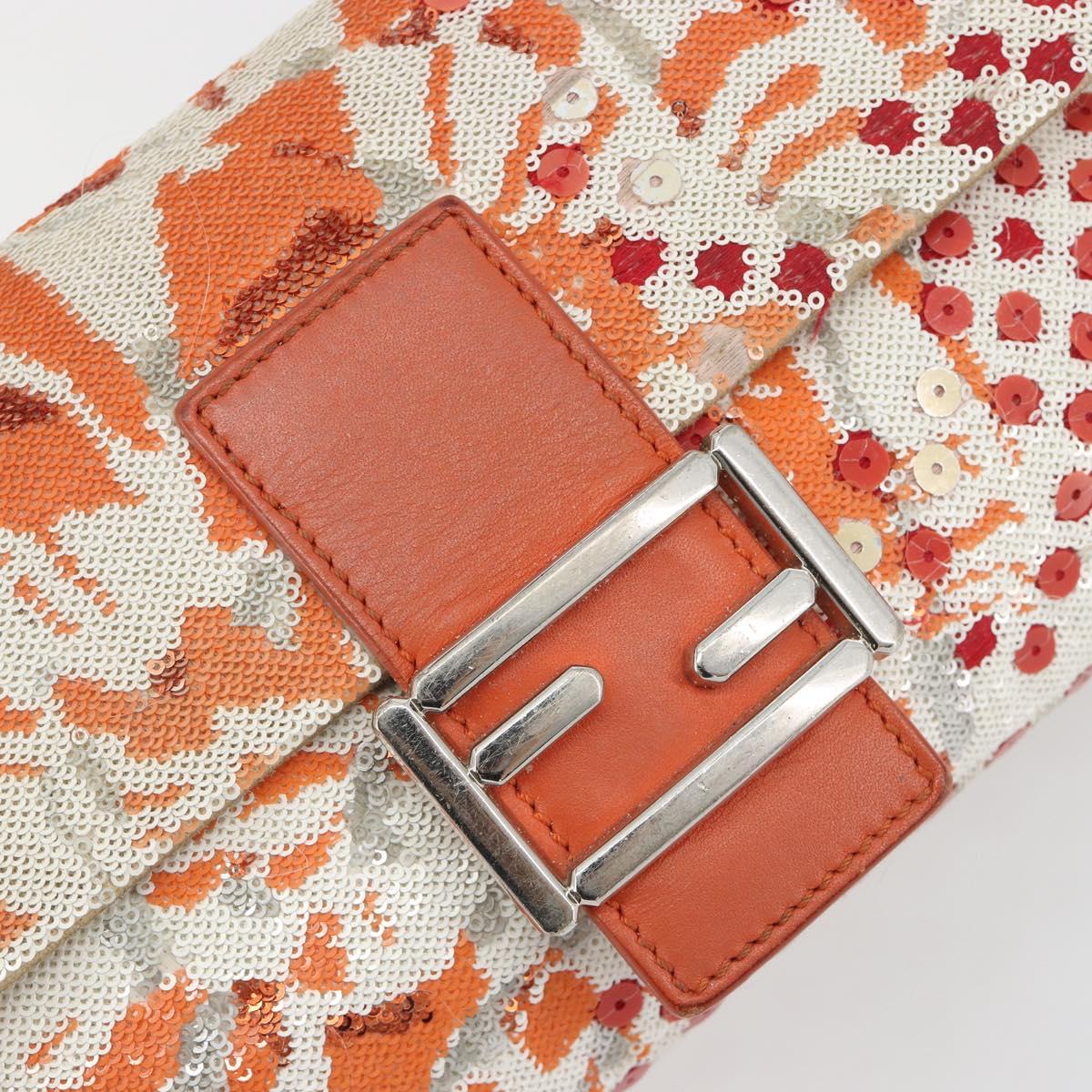 FENDI Mamma Baguette Shoulder Bag Canvas Sequins Orange Silver Auth 187605SM