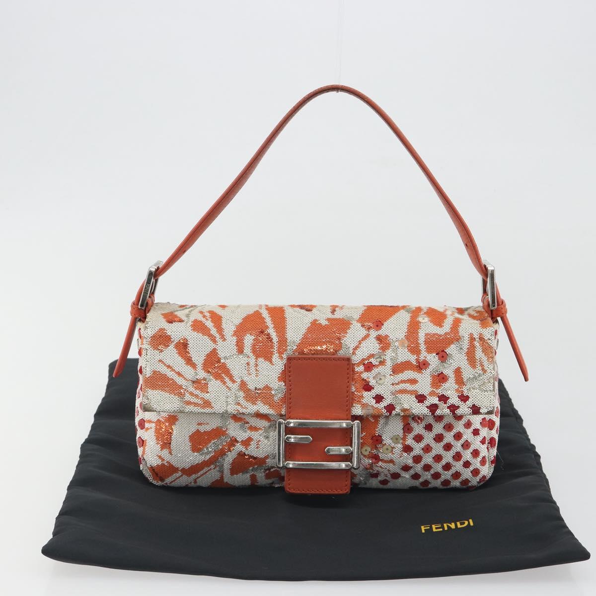 FENDI Mamma Baguette Shoulder Bag Canvas Sequins Orange Silver Auth 187605SM