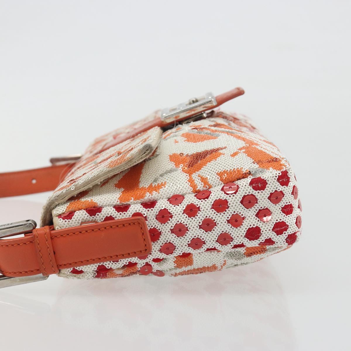 FENDI Mamma Baguette Shoulder Bag Canvas Sequins Orange Silver Auth 187605SM