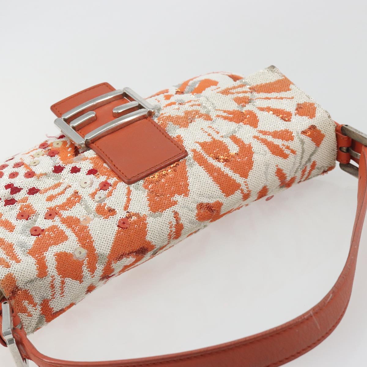 FENDI Mamma Baguette Shoulder Bag Canvas Sequins Orange Silver Auth 187605SM