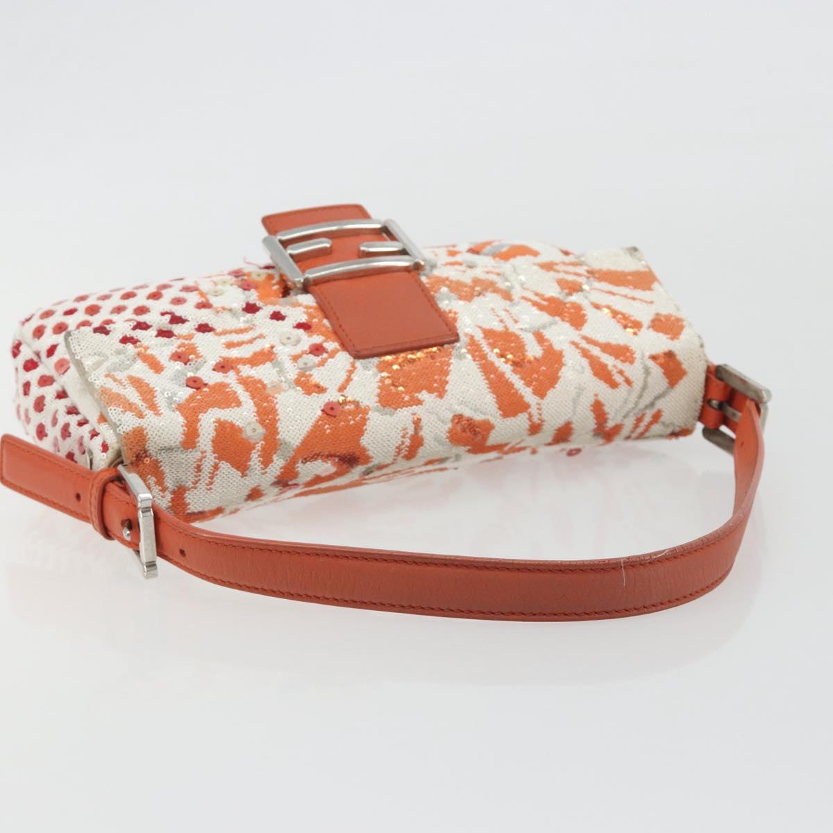 FENDI Mamma Baguette Shoulder Bag Canvas Sequins Orange Silver Auth 187605SM
