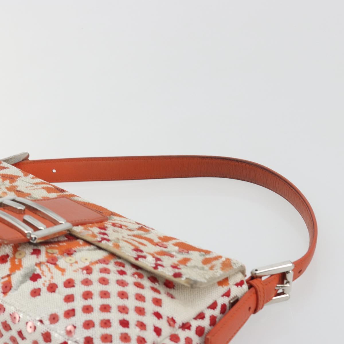 FENDI Mamma Baguette Shoulder Bag Canvas Sequins Orange Silver Auth 187605SM
