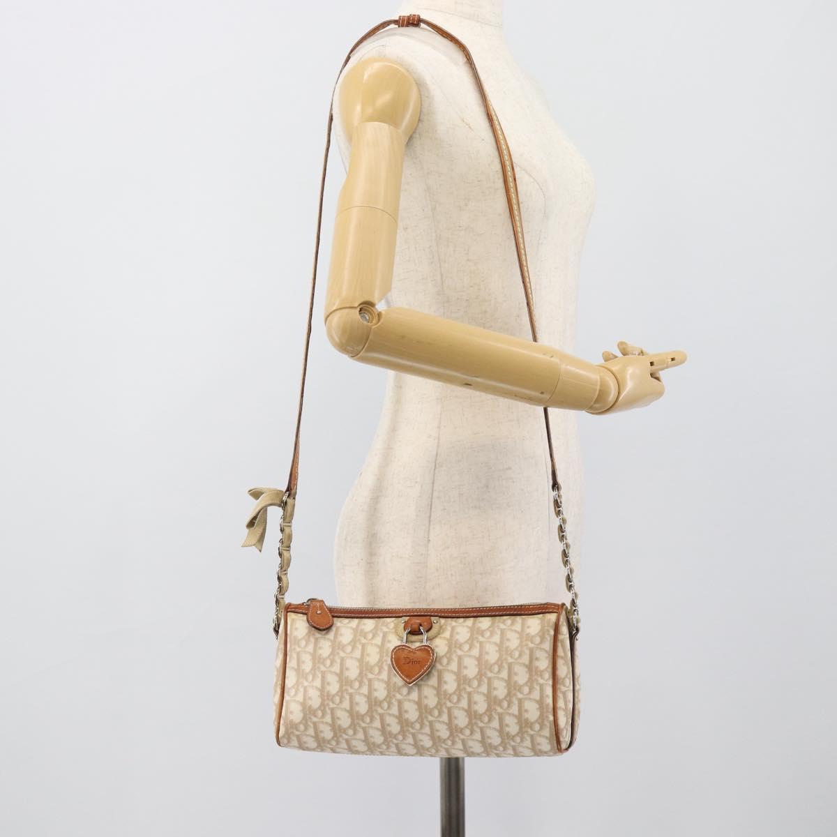 Christian Dior Trotter Canvas Chain Romantic Bag PVC Beige Silver Auth 187607V