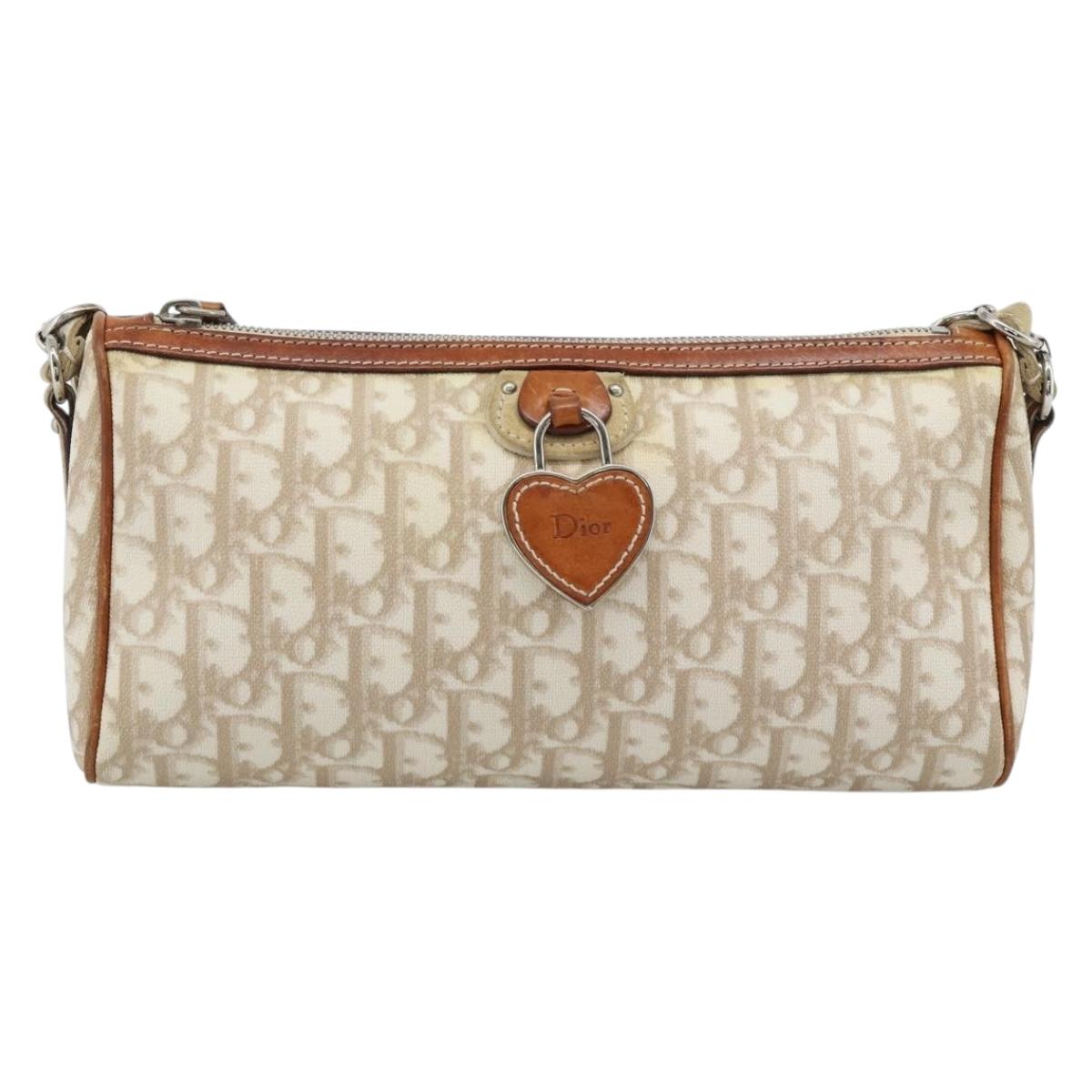Christian Dior Trotter Canvas Chain Romantic Bag PVC Beige Silver Auth 187607V