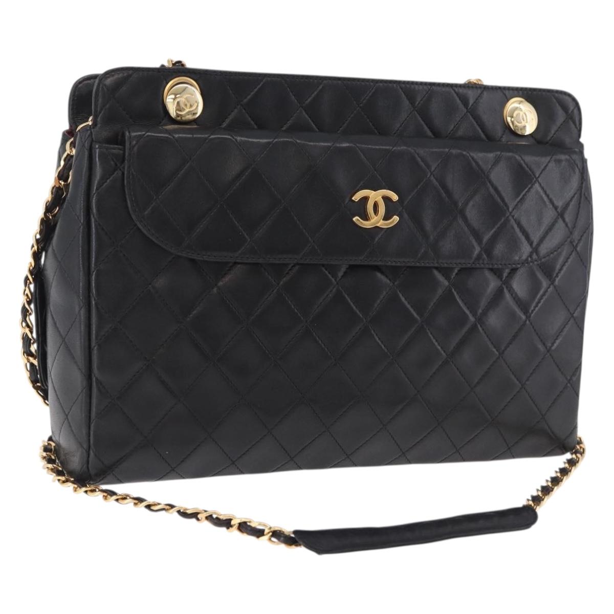 CHANEL Matelasse Chain Tote Bag Lamb Skin Black Gold CC Auth 187613