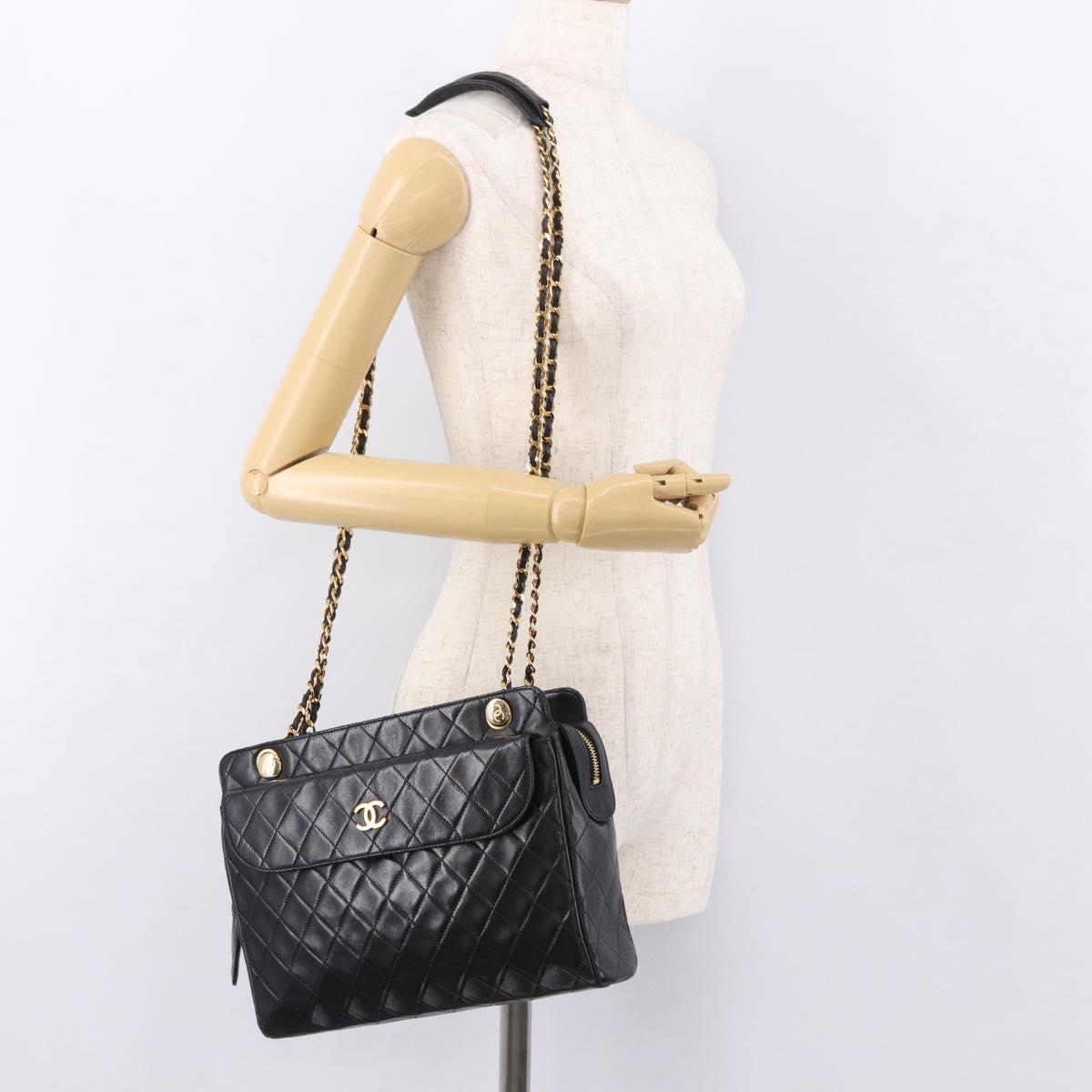 CHANEL Matelasse Chain Tote Bag Lamb Skin Black Gold CC Auth 187613