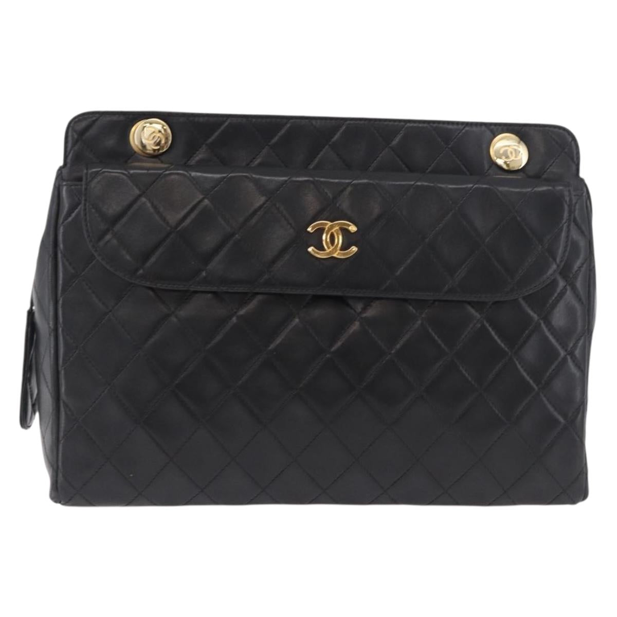CHANEL Matelasse Chain Tote Bag Lamb Skin Black Gold CC Auth 187613