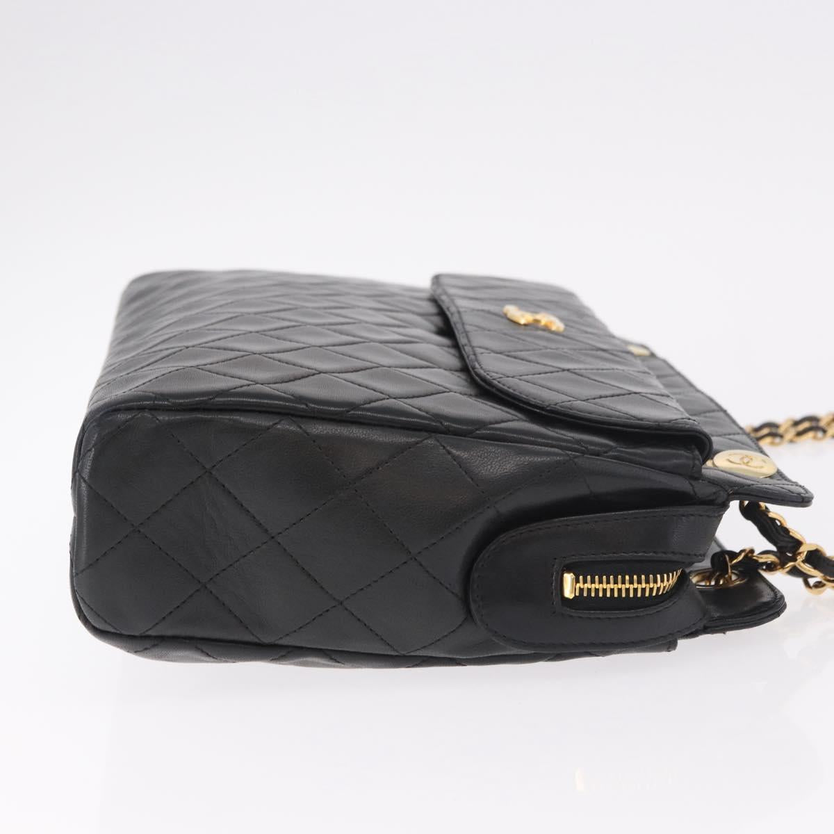 CHANEL Matelasse Chain Tote Bag Lamb Skin Black Gold CC Auth 187613