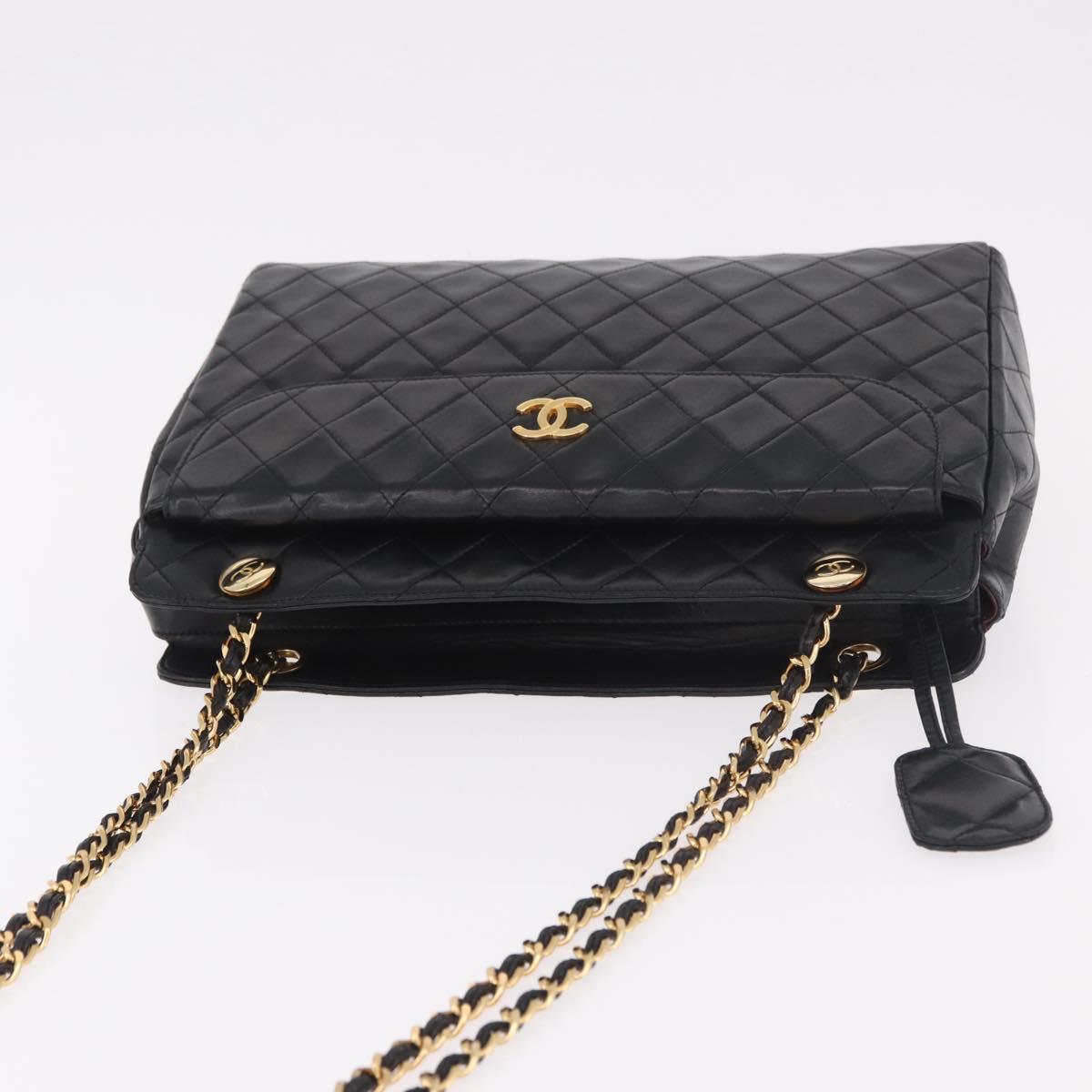 CHANEL Matelasse Chain Tote Bag Lamb Skin Black Gold CC Auth 187613