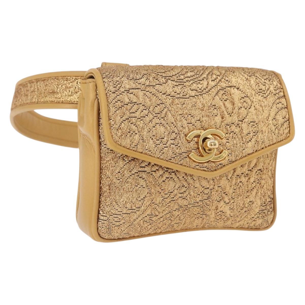 CHANEL Waist bag Satin Gold CC Auth 187614SAM