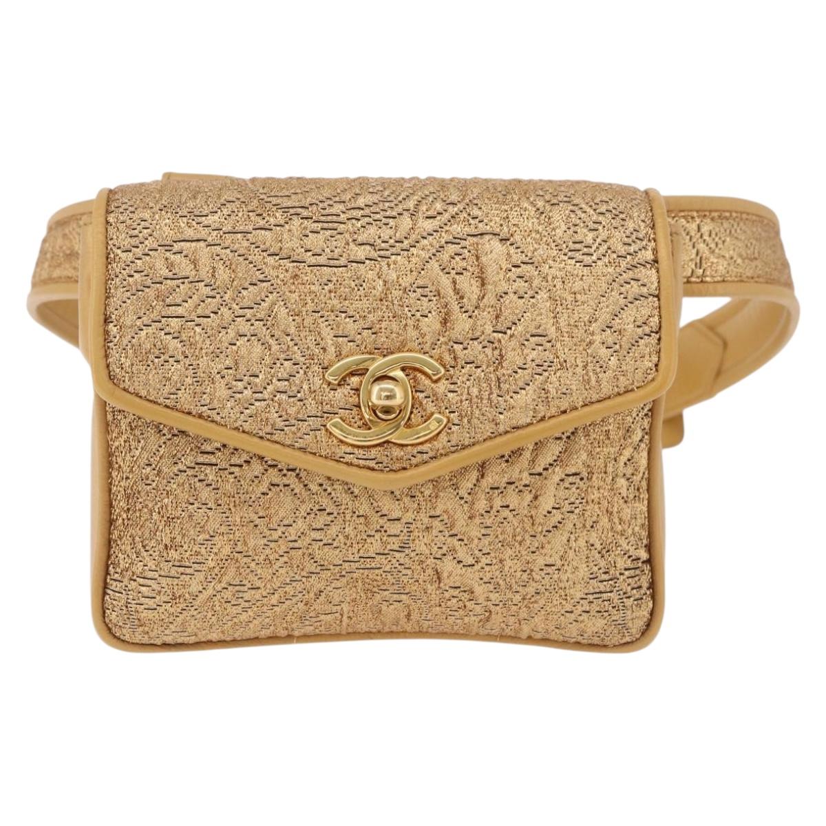 CHANEL Waist bag Satin Gold CC Auth 187614SAM