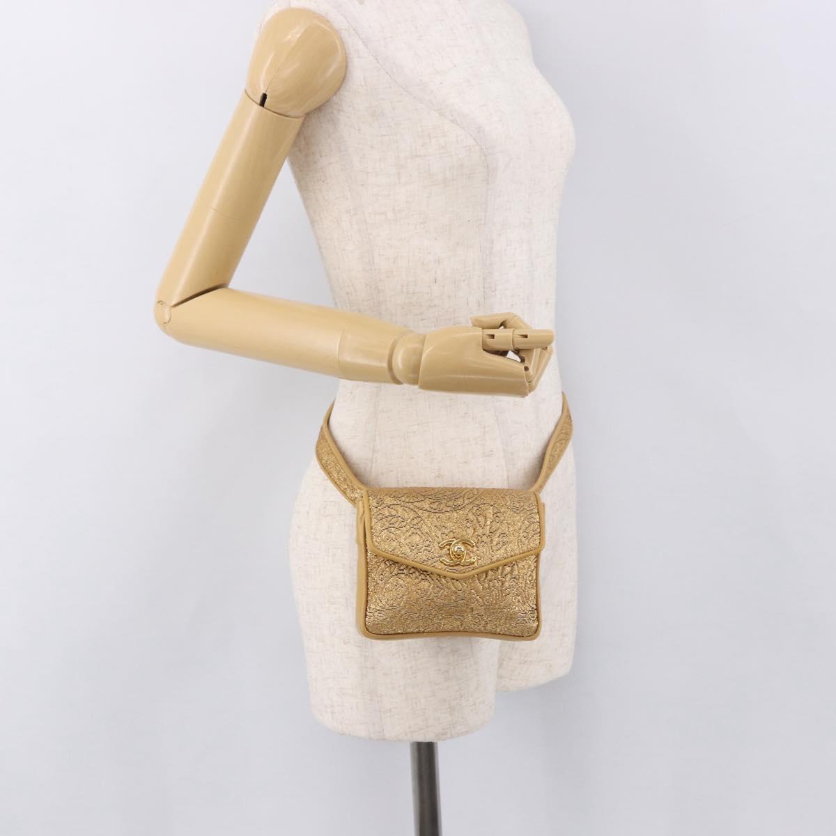 CHANEL Waist bag Satin Gold CC Auth 187614SAM