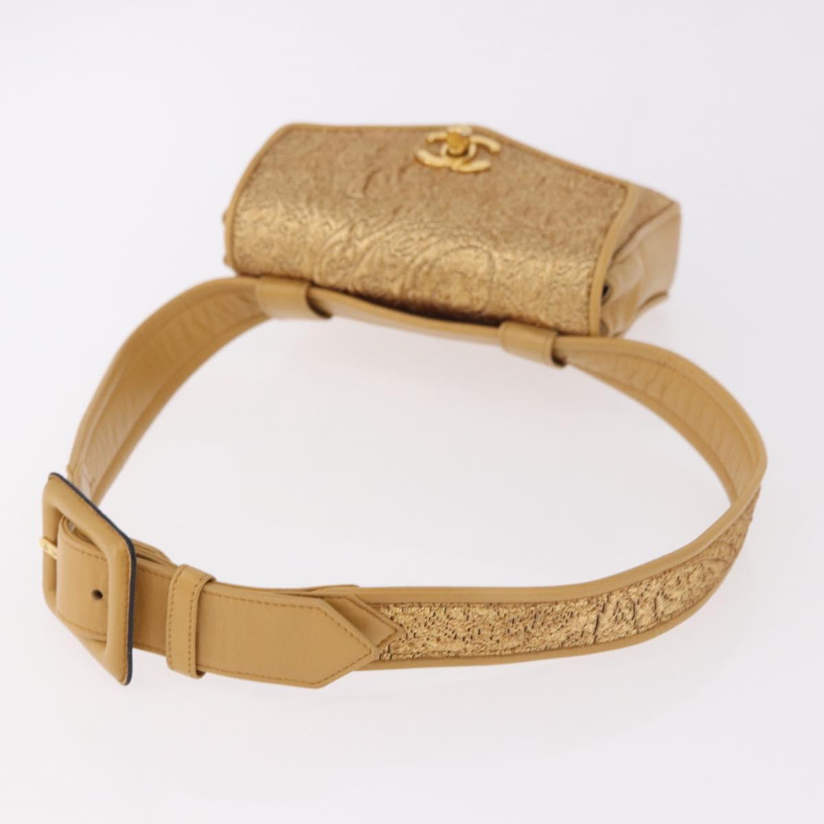 CHANEL Waist bag Satin Gold CC Auth 187614SAM