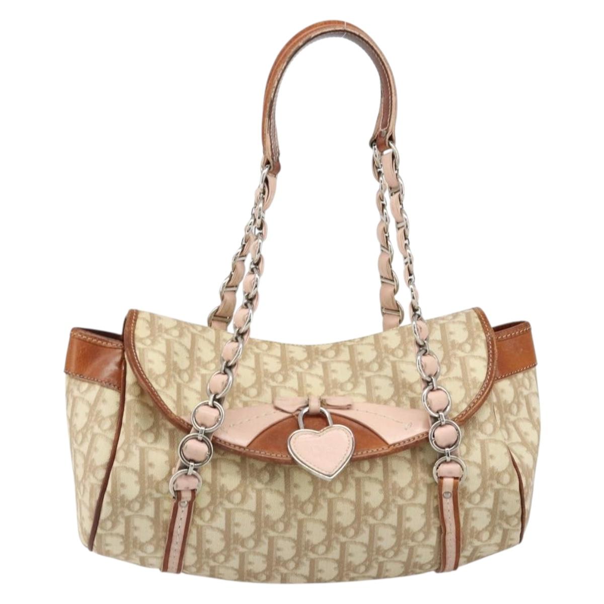 Christian Dior Trotter Canvas Romantic Bag PVC Beige Silver Auth 187615A