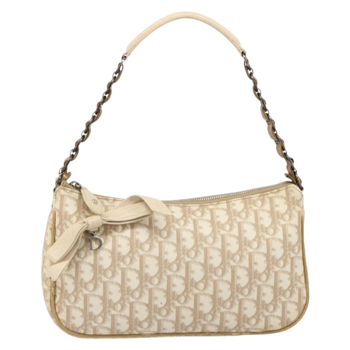 Christian Dior Trotter Canvas Romantic Shoulder Bag PVC Beige Silver Auth 187624