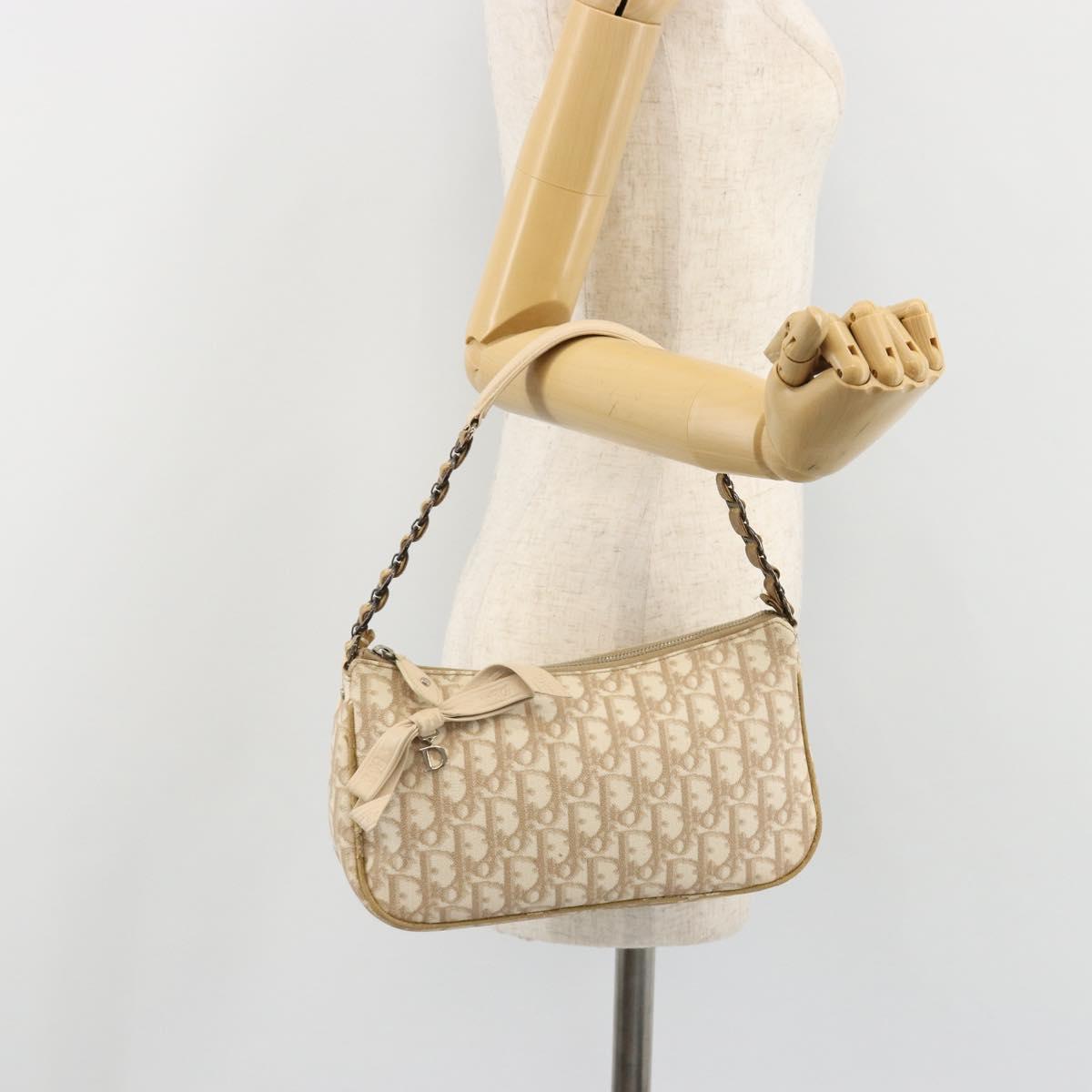 Christian Dior Trotter Canvas Romantic Shoulder Bag PVC Beige Silver Auth 187624