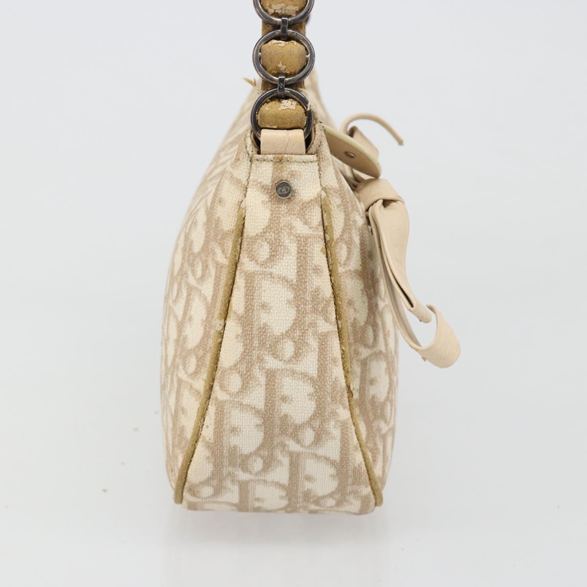 Christian Dior Trotter Canvas Romantic Shoulder Bag PVC Beige Silver Auth 187624