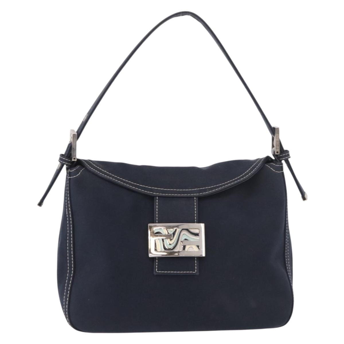 FENDI Mamma Baguette Shoulder Bag Canvas Navy Silver Auth 187625V