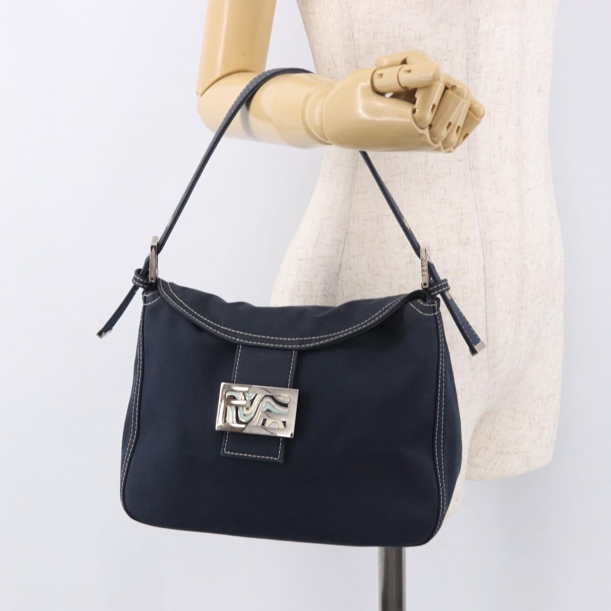 FENDI Mamma Baguette Shoulder Bag Canvas Navy Silver Auth 187625V