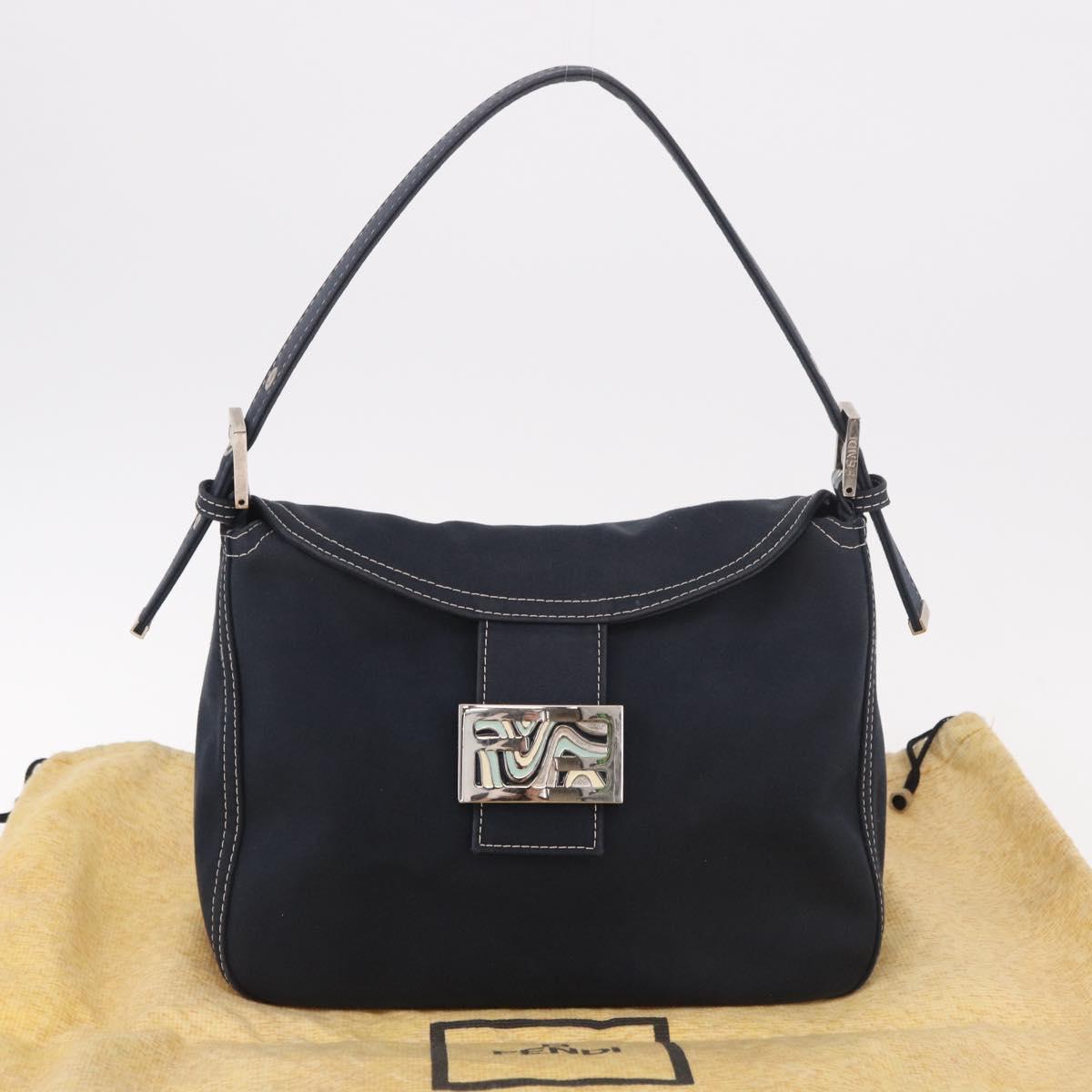 FENDI Mamma Baguette Shoulder Bag Canvas Navy Silver Auth 187625V