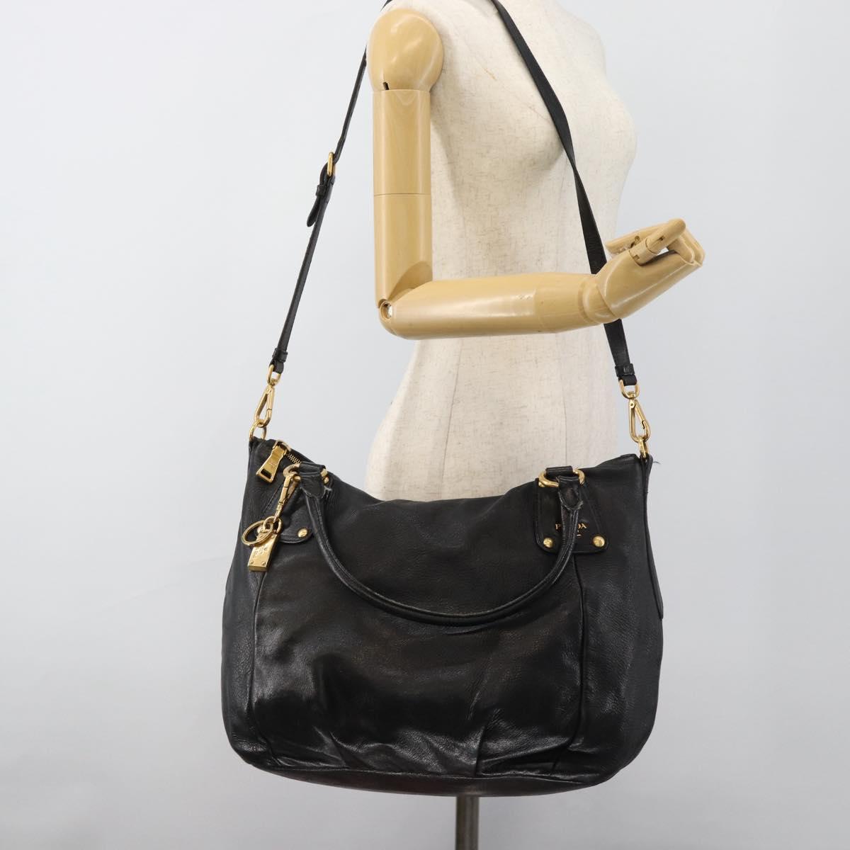 PRADA Tote Bag Leather 2way Black Gold Auth 187654