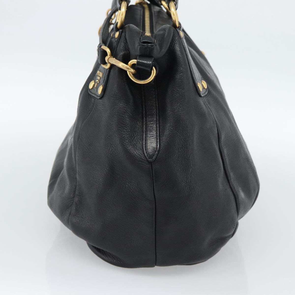 PRADA Tote Bag Leather 2way Black Gold Auth 187654
