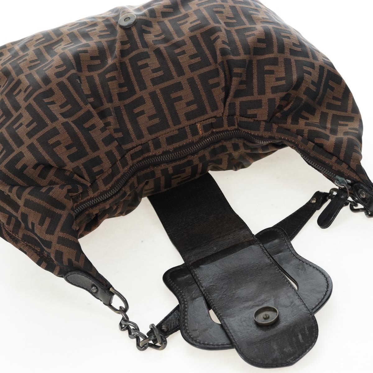 FENDI Zucca Canvas Chain Shoulder Bag Black Brown Auth 187655V
