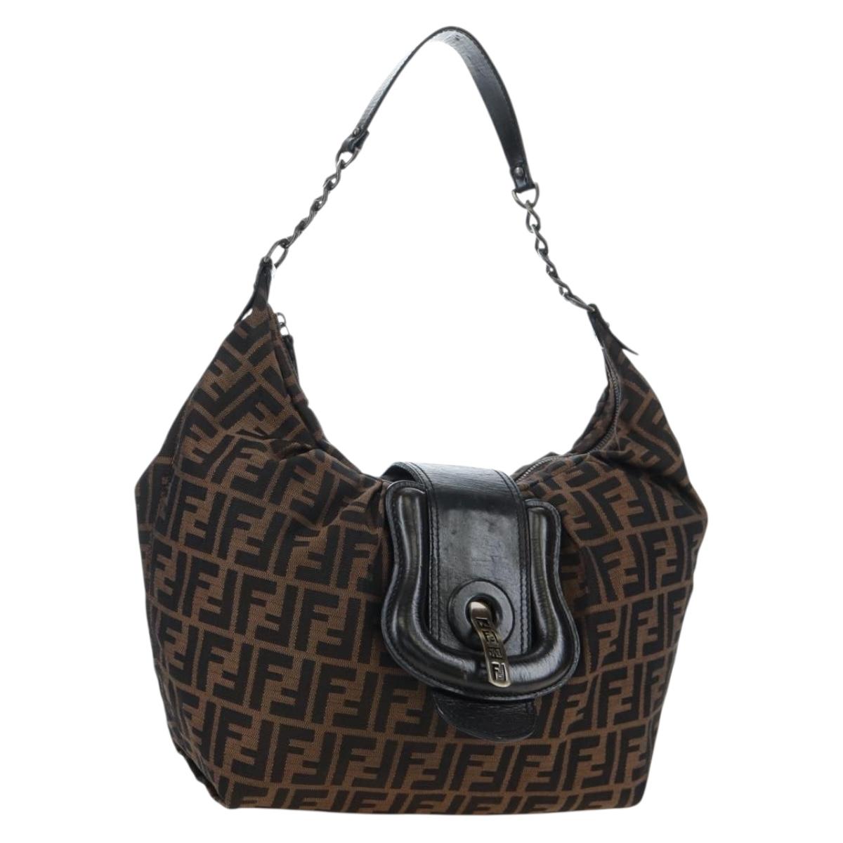 FENDI Zucca Canvas Chain Shoulder Bag Black Brown Auth 187655V