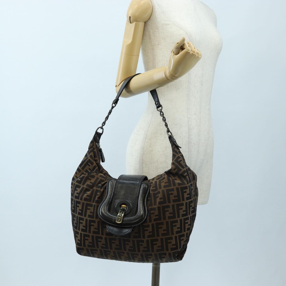 FENDI Zucca Canvas Chain Shoulder Bag Black Brown Auth 187655V