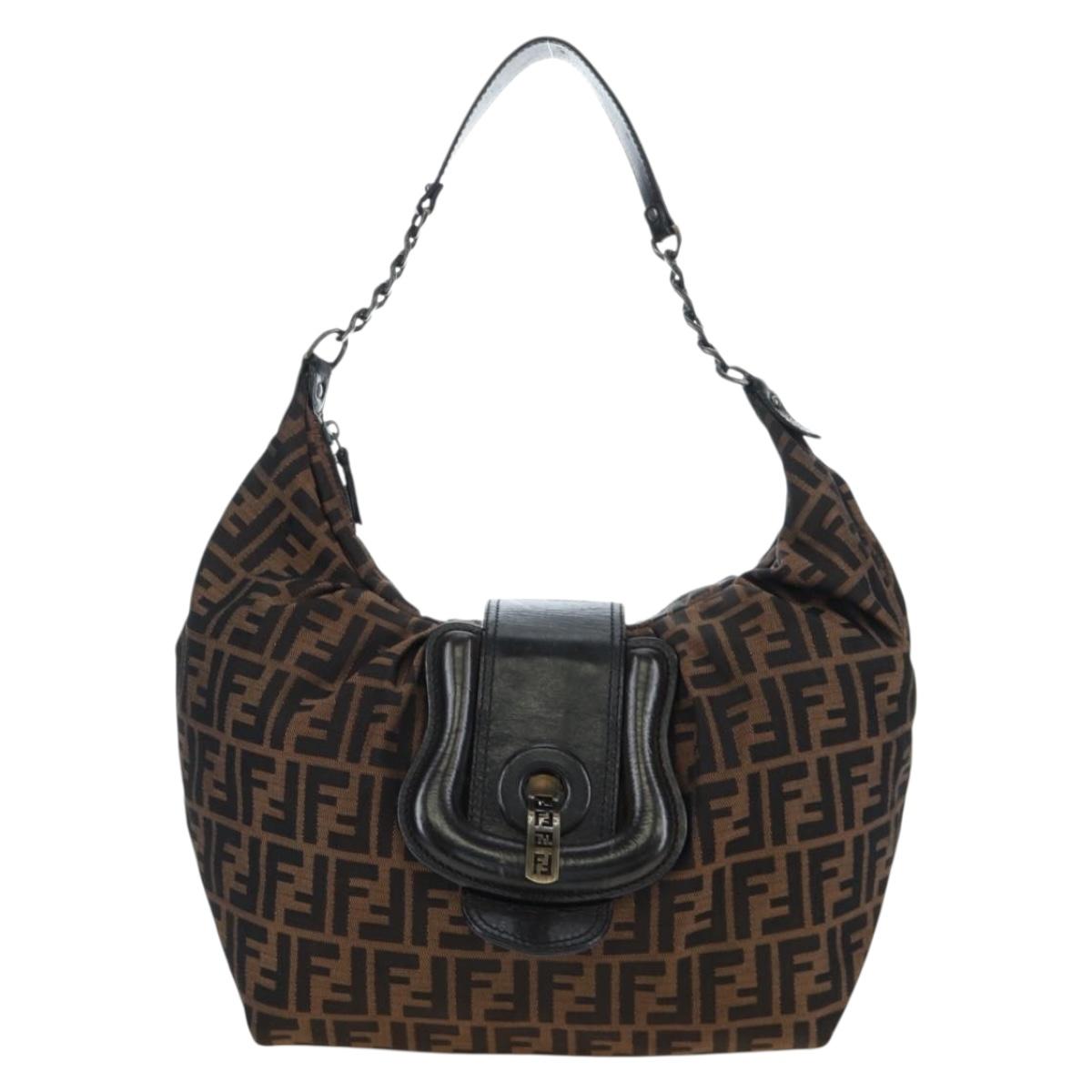 FENDI Zucca Canvas Chain Shoulder Bag Black Brown Auth 187655V