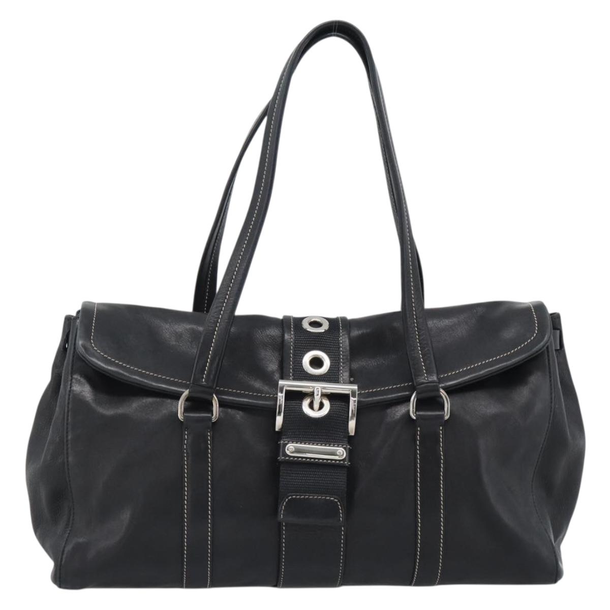 PRADA Tote Bag Leather Black Silver Auth 187659V