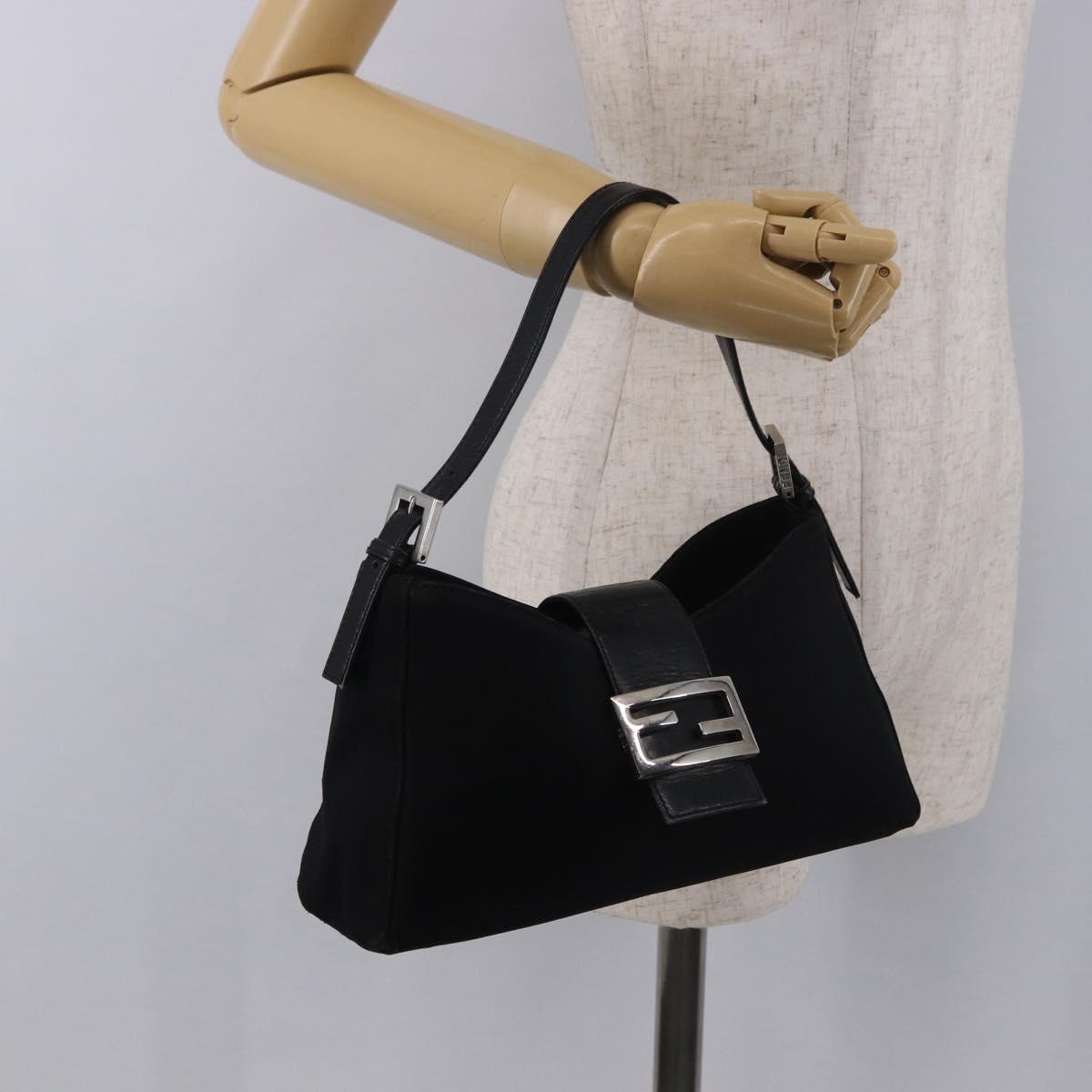 FENDI Mamma Baguette Shoulder Bag Satin Black Silver Auth 187660