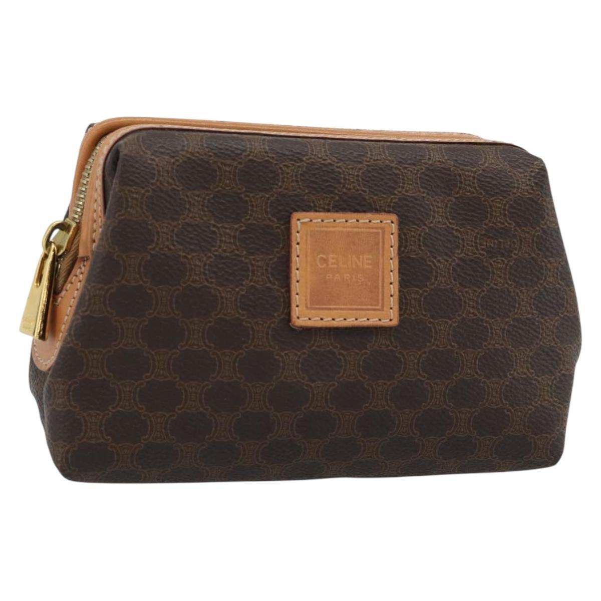 CELINE Macadam Canvas Accessory Pouch PVC Leather Brown Gold Auth 187676
