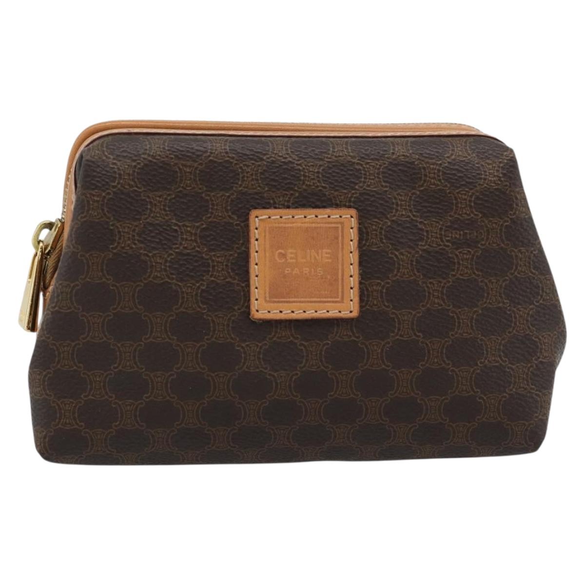CELINE Macadam Canvas Accessory Pouch PVC Leather Brown Gold Auth 187676