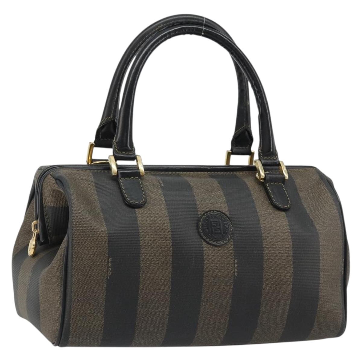 FENDI Pecan Canvas Boston Bag PVC Black Brown gold Auth 187684V