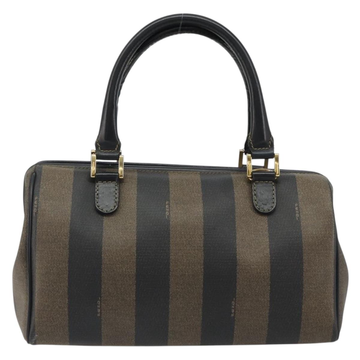 FENDI Pecan Canvas Boston Bag PVC Black Brown gold Auth 187684V