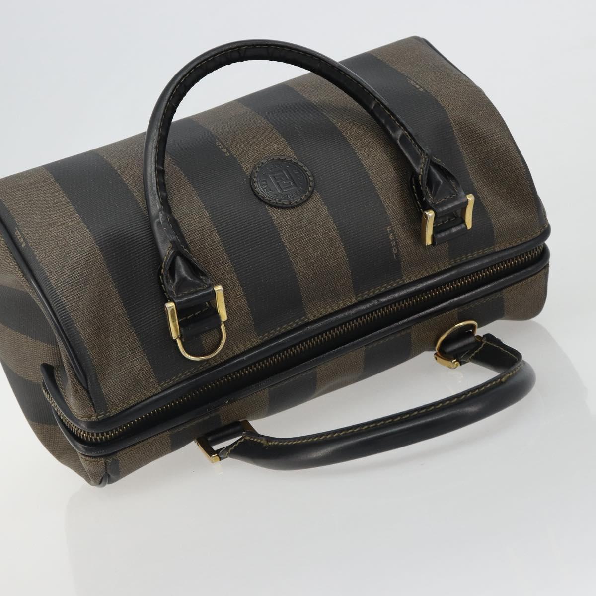 FENDI Pecan Canvas Boston Bag PVC Black Brown gold Auth 187684V