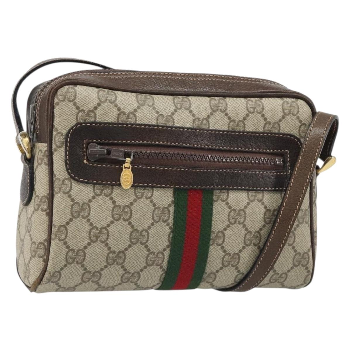 GUCCI GG Supreme Web Sherry Line Shoulder Bag PVC Beige Gold Auth 187688