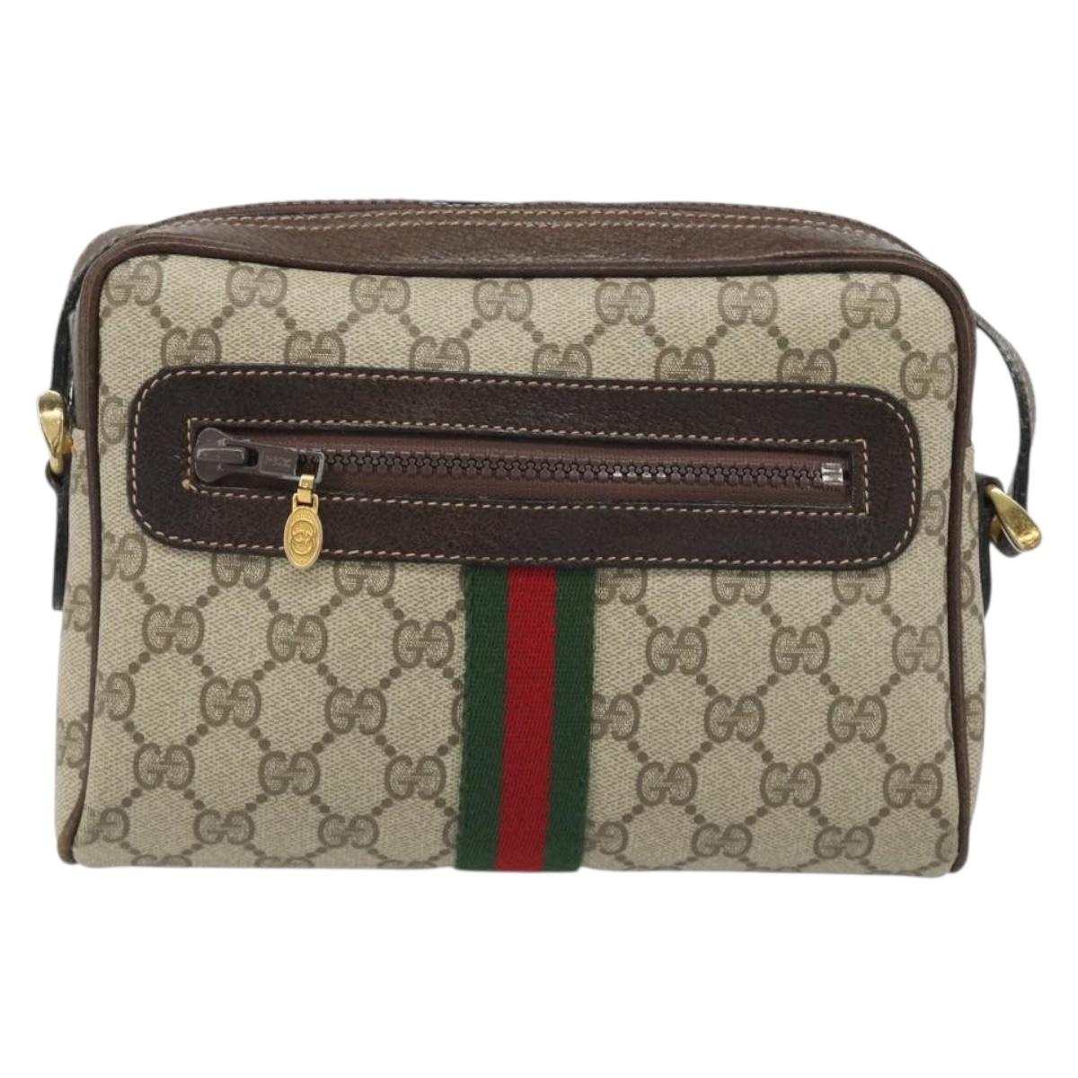 GUCCI GG Supreme Web Sherry Line Shoulder Bag PVC Beige Gold Auth 187688