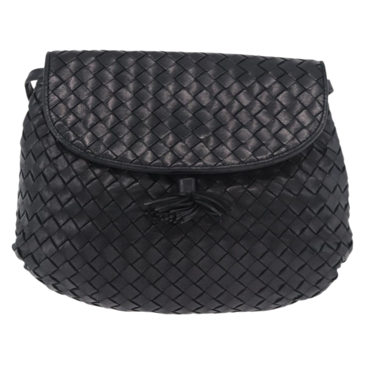 BOTTEGA VENETA INTRECCIATO Shoulder Bag Leather Black Gold Auth 187692A