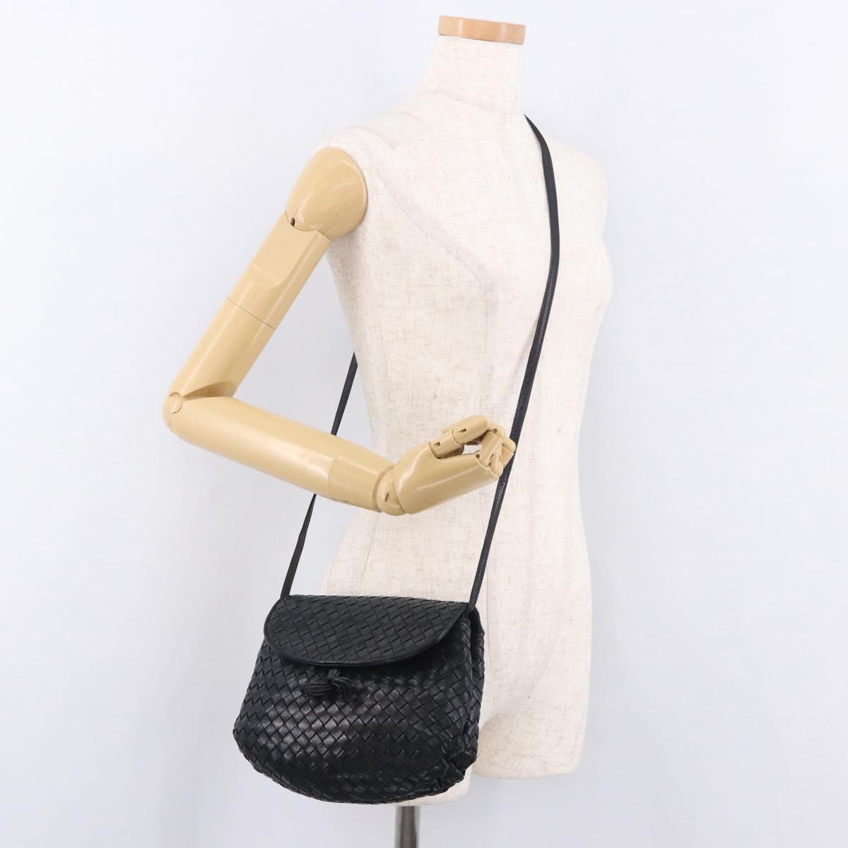 BOTTEGA VENETA INTRECCIATO Shoulder Bag Leather Black Gold Auth 187692A