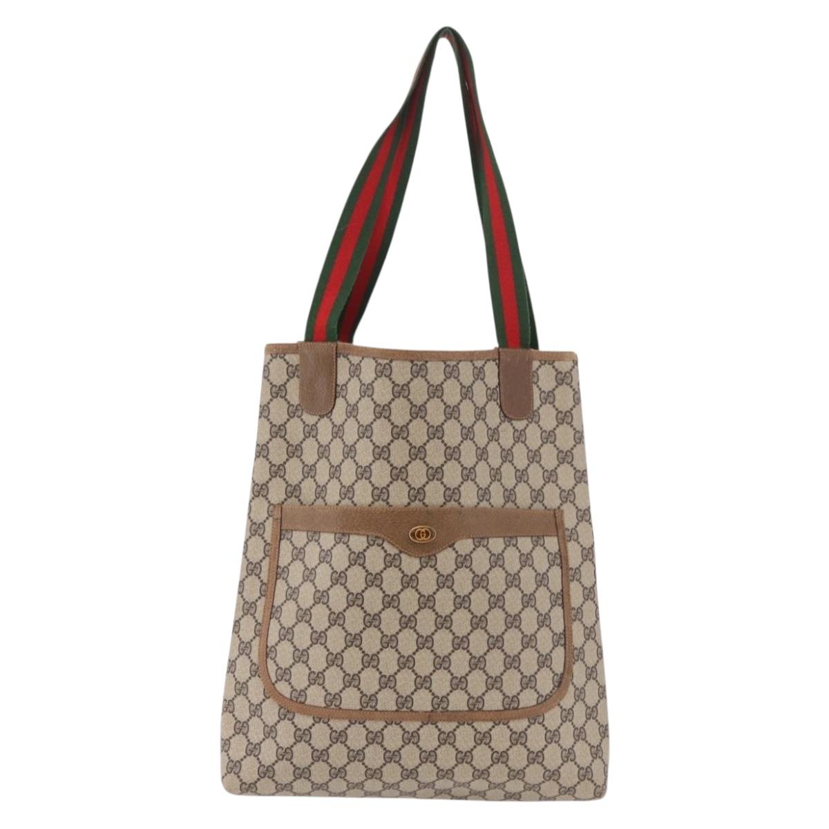 GUCCI GG Supreme Web Sherry Line Tote Bag PVC Beige Red Auth 187749A