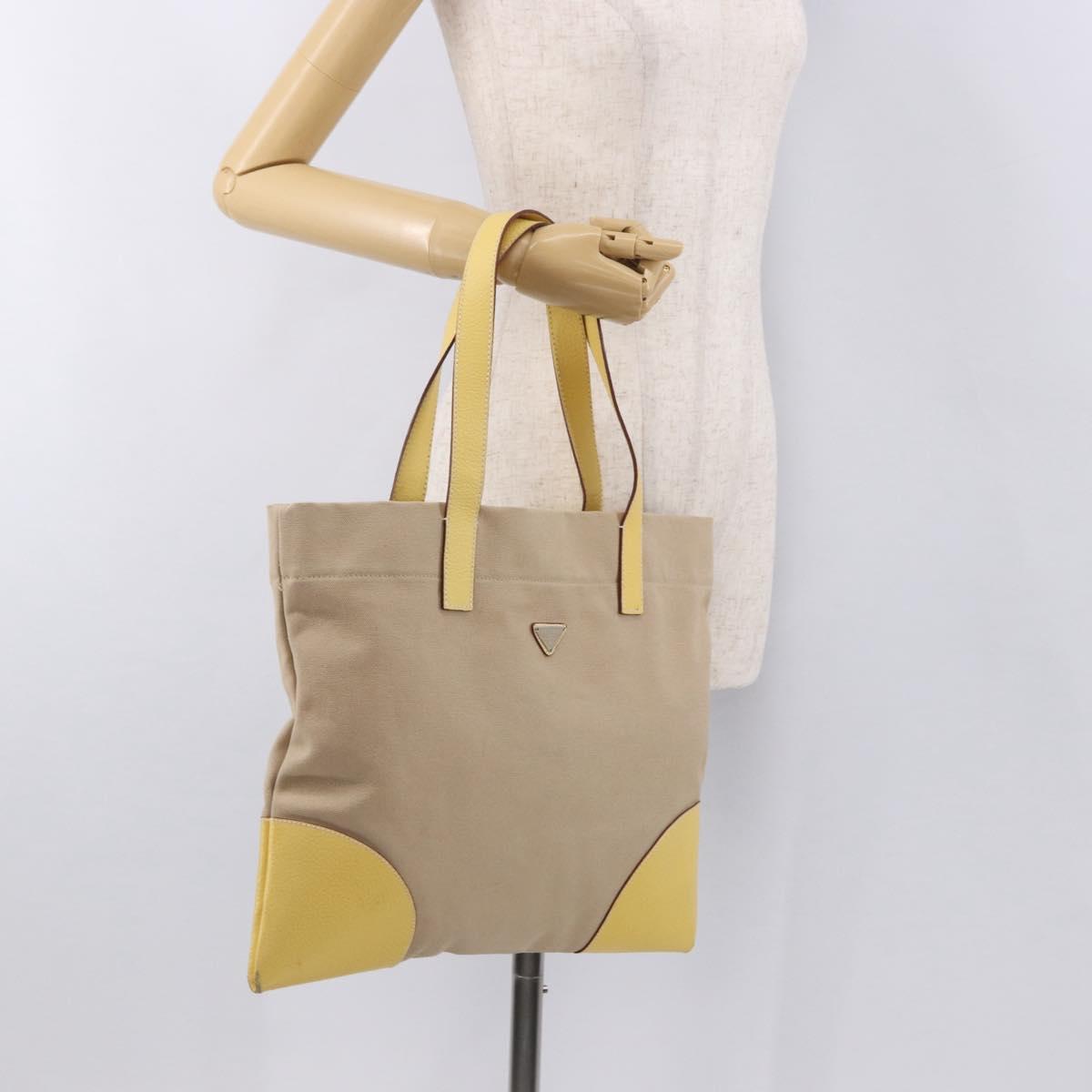 PRADA Tote Bag Canvas Beige Silver Auth 187781A