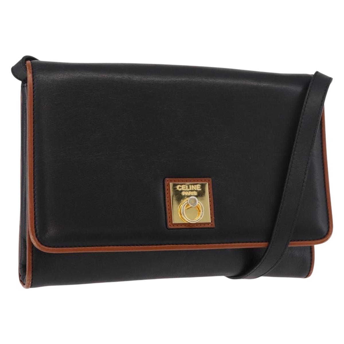 CELINE Shoulder Bag Leather Black Gold Auth 187784A