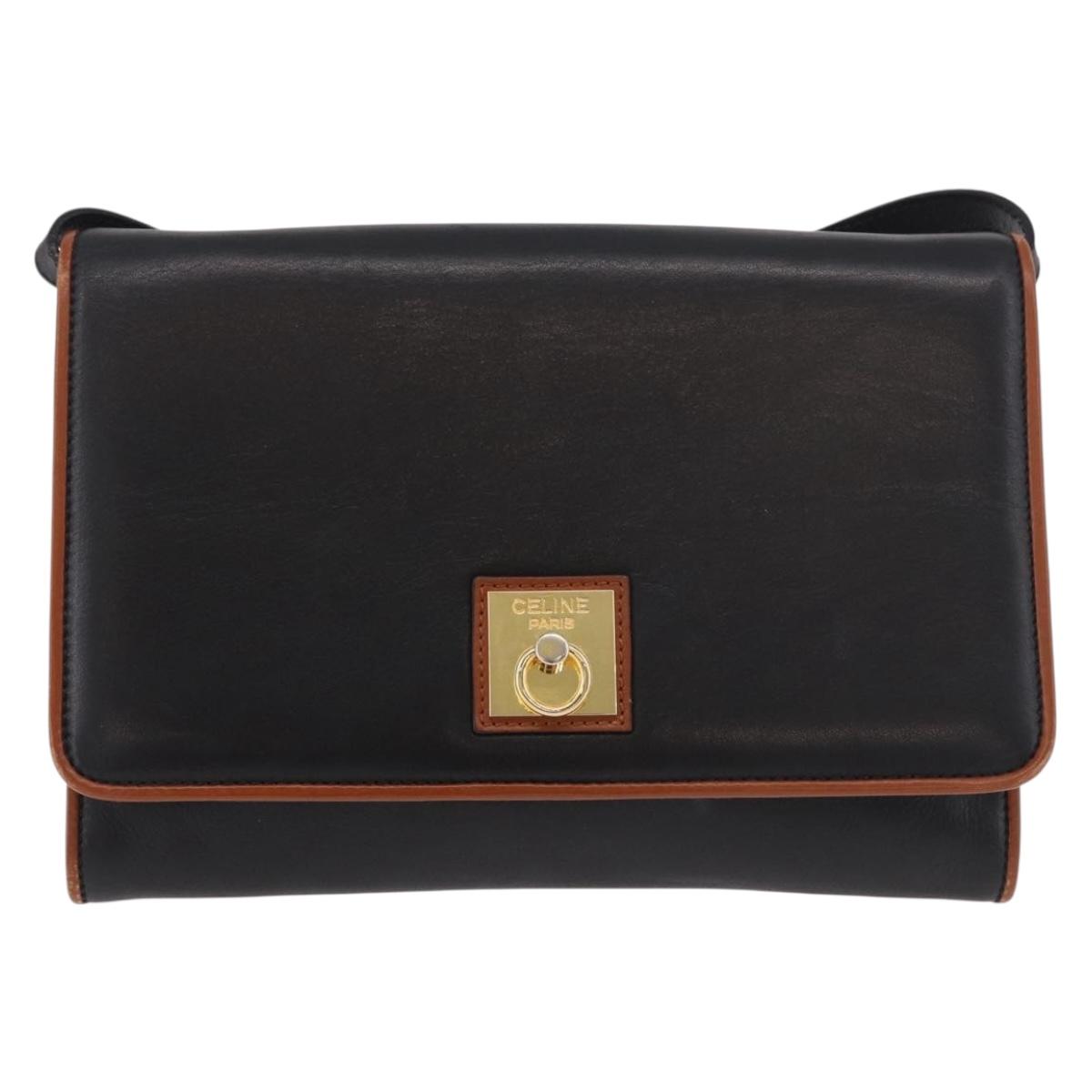 CELINE Shoulder Bag Leather Black Gold Auth 187784A