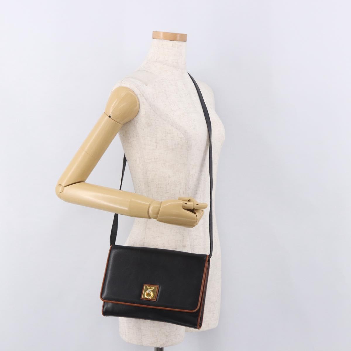 CELINE Shoulder Bag Leather Black Gold Auth 187784A