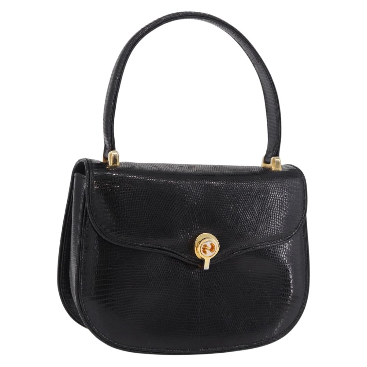 GUCCI Hand Bag Leather Embossed Black Gold Auth 187786A