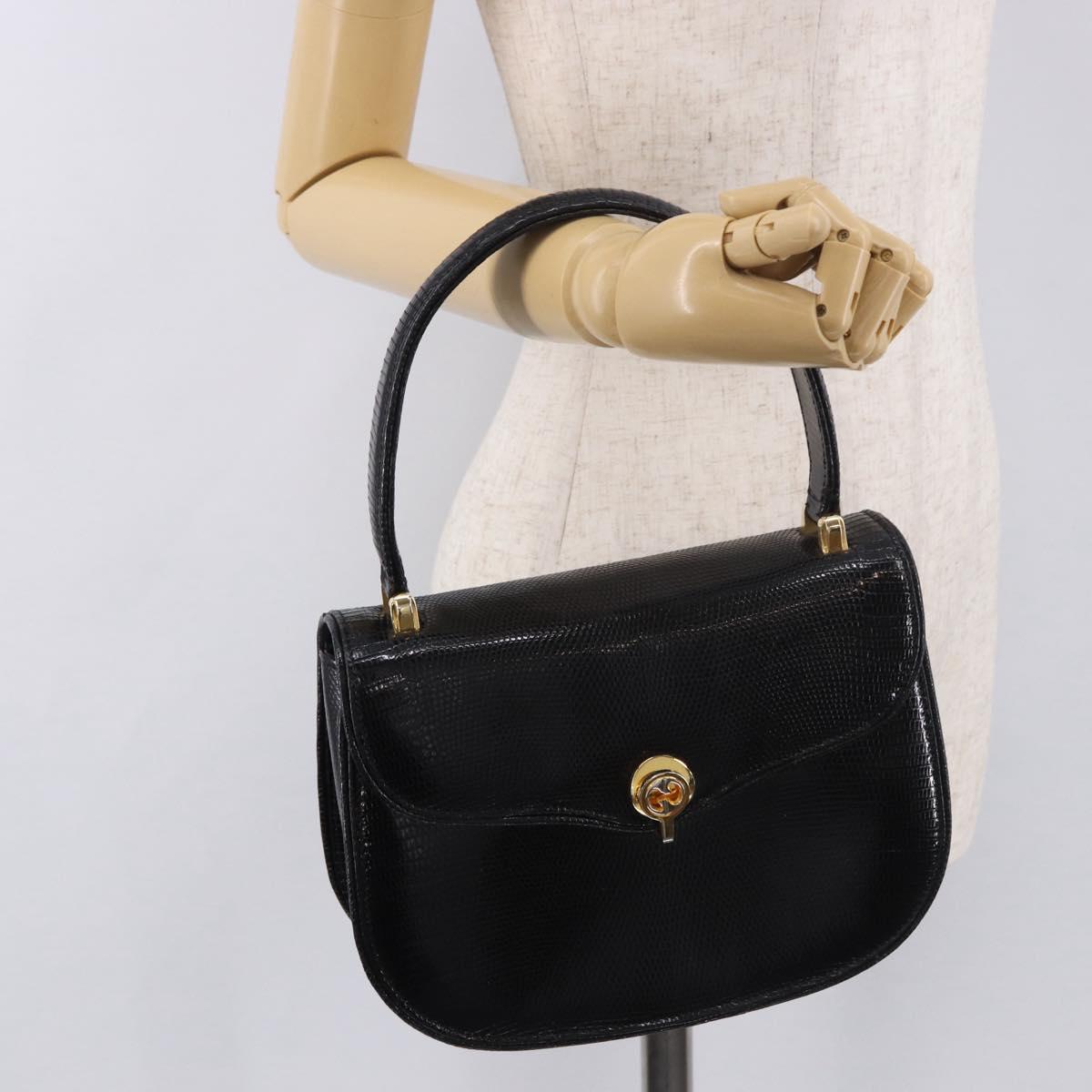 GUCCI Hand Bag Leather Embossed Black Gold Auth 187786A