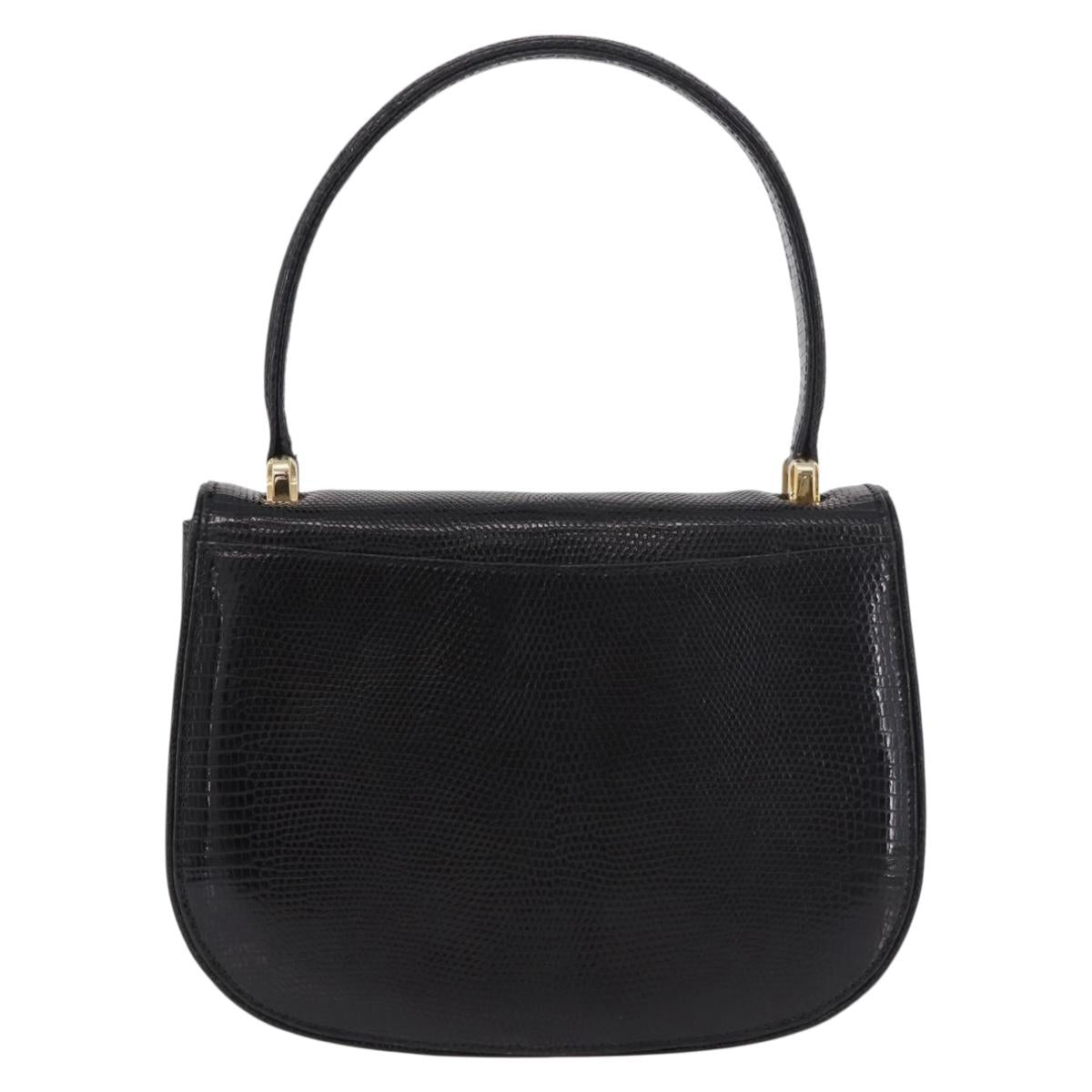 GUCCI Hand Bag Leather Embossed Black Gold Auth 187786A