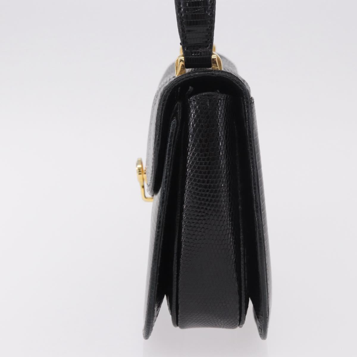 GUCCI Hand Bag Leather Embossed Black Gold Auth 187786A